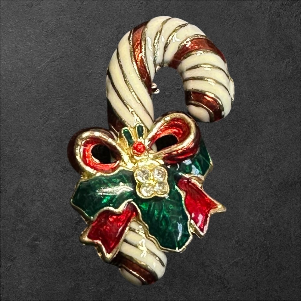 Vintage Candy Cane Brooch Enamel Rhinestone Holly Christmas Pin